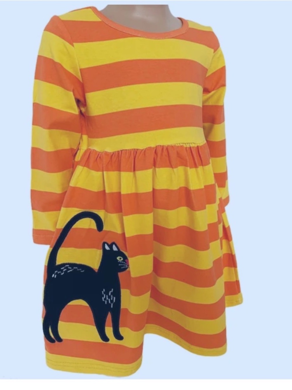 Ann Loren Orange and Yellow Striped Dress with Black Cat Applique
